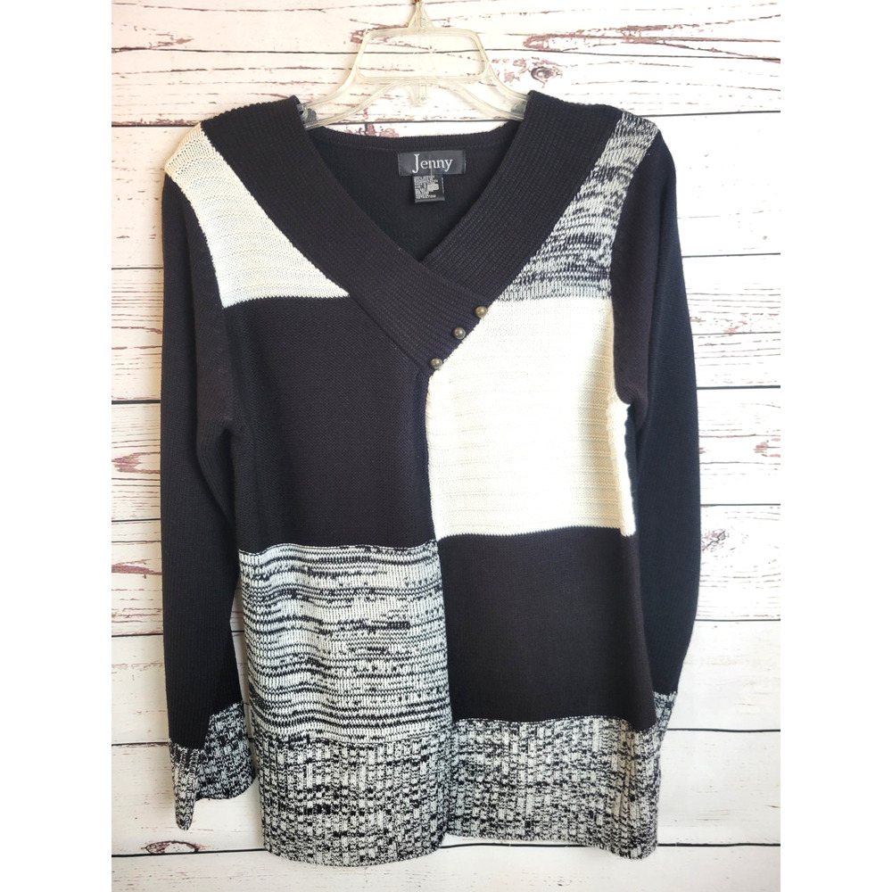 NWOT VTG Jenny Black White V-Neck Colorblock Pullover Sweater Women's Size Small
